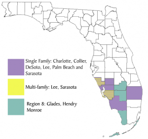 A map of Florida showing the counties served